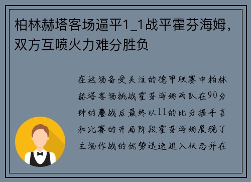 柏林赫塔客场逼平1_1战平霍芬海姆，双方互喷火力难分胜负
